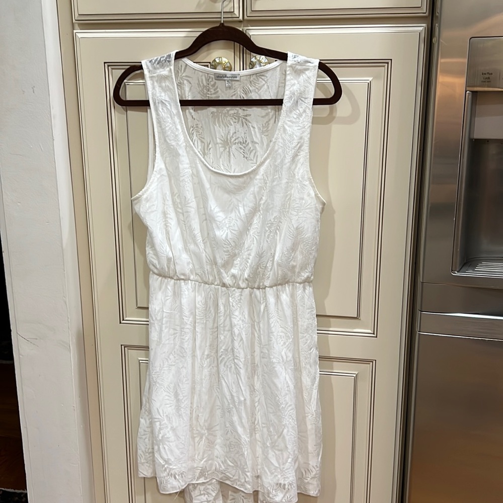 White palm tree fabric summer dress with longer hem in back and fully lined